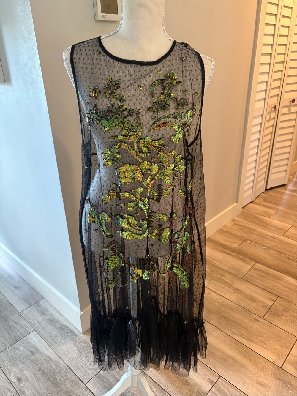 Free People Festival Black Sheer Mesh Dress with Green Sequin Embroidery, boho - Picture 11 of 11
